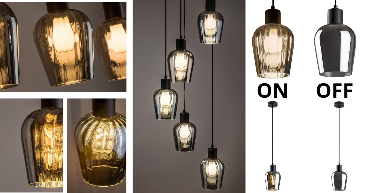 Florian single, four, and five pendant lights with internal textured glass shade from Rábalux's new products.