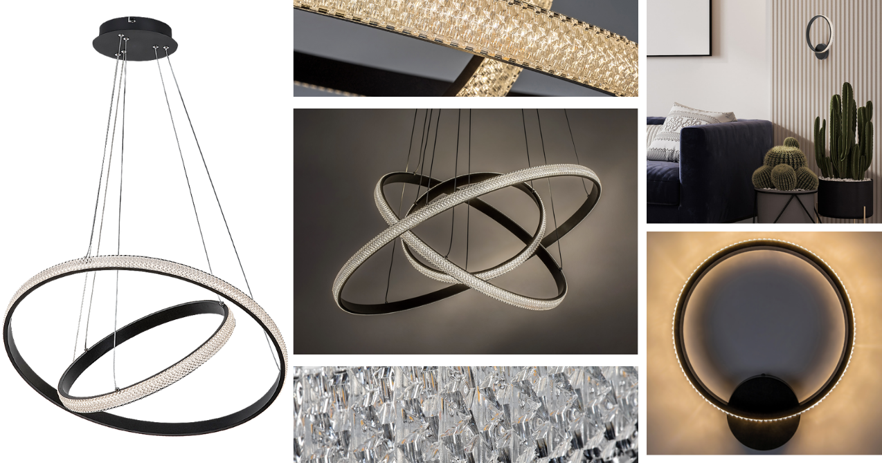 Grete wall lamp and single, double, and triple hoop pendants from Rábalux.