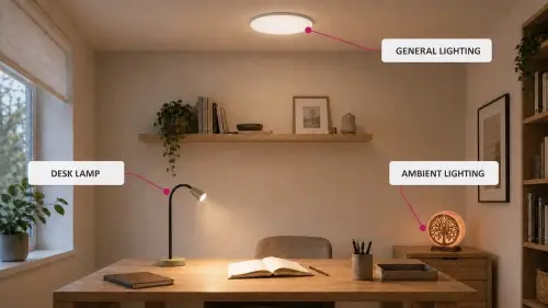 In most home offices or study areas, it is worth combining several light sources:
